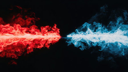 Red and blue smoke on a black background. Background from the smoke of vapeの素材