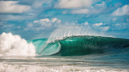 Surfing ocean wave in Bali island, Indonesia. Blue sky background.の素材