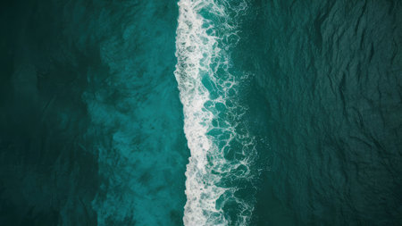 Aerial view of turquoise ocean with waves and white foamの素材