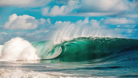 Ocean wave breaking on a sunny day with blue sky and white cloudsの素材