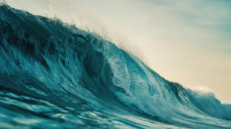 Blue ocean wave close up. Blue ocean wave with splashes of water.の素材