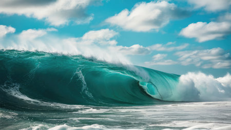 Surfing ocean wave on sunny day. Blue sky with clouds.の素材