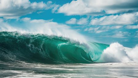 Ocean wave. Breaking ocean wave. Blue sky and white clouds.の素材