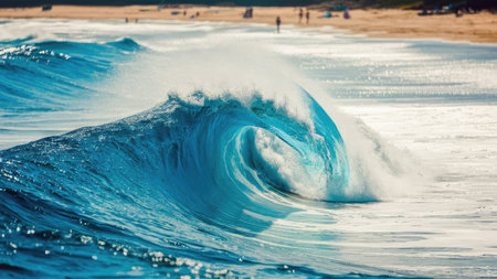 Big Blue Ocean Wave Breaking on the Beach in Hawaii, USA.の素材