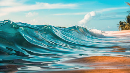 Surf wave on tropical beach at sunset time. Beautiful nature backgroundの素材