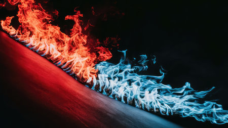 Red and blue flames of fire on a black background with copy spaceの素材