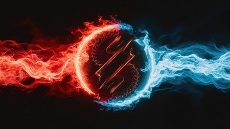 Red and blue smoke on black background with dollar sign in center.の素材