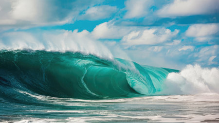 Surfing ocean wave. Blue ocean wave with white clouds and blue skyの素材