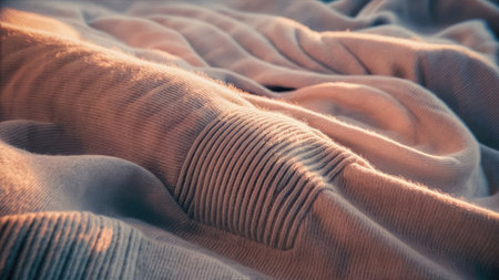 close-up of a brown sweater on a bed in the morningの素材