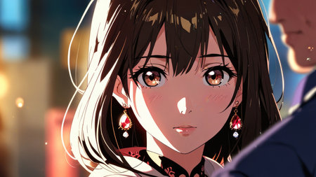 Illustration of a beautiful girl on a background of the night cityの素材