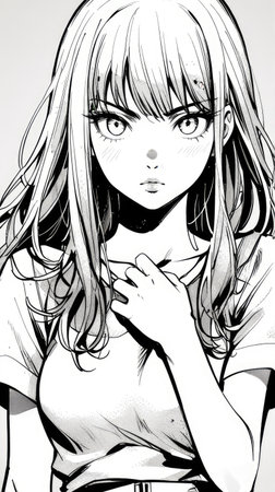 Illustration of a pretty girl with long hair and blue eyes.の素材