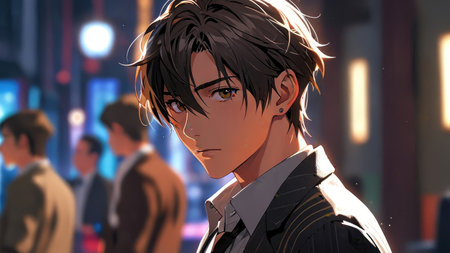 Digital Illustration of a Teenage Boy in a Crowded Cityの素材