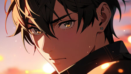 3D Illustration of a Fantasy Female Portrait with Sunset Backgroundの素材