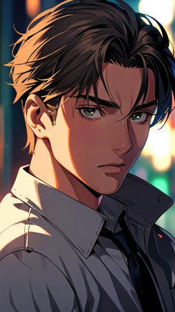 Anime manga style portrait of a young man. 3D rendering.の素材