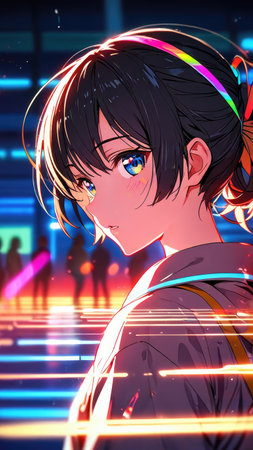 Digital Illustration of a Teenage Girl in Front of Disco Lightsの素材