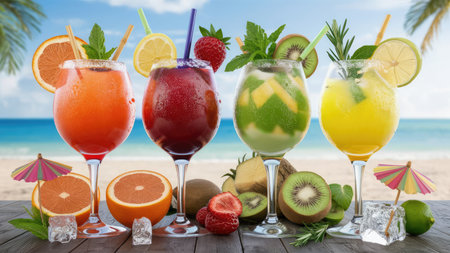 Variety of cocktails on a wooden table with tropical beach background.の素材