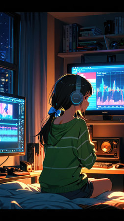 Little girl with headphones listening to music and playing video games at homeの素材