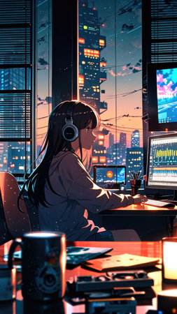 Female gamer in headphones playing video games at night. 3D renderingの素材