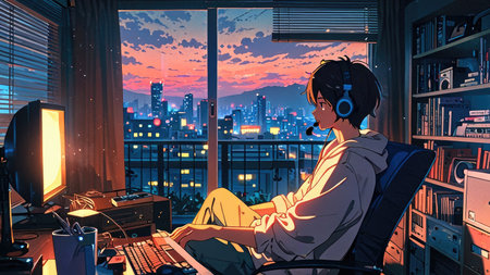 Illustration of a young man in headphones sitting in front of a computer monitor at nightの素材