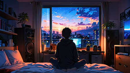 Man sitting on the bed and looking at the city at night.の素材
