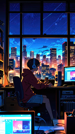 Young man playing video games in front of a night city view.の素材