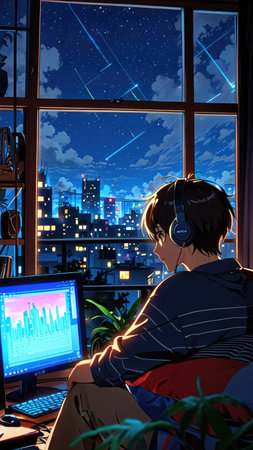 Young man in headphones sitting in front of the window and looking at the night cityの素材