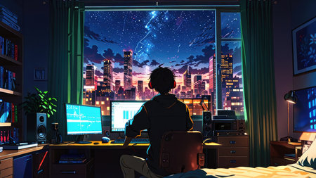 A young man in a dark room with a computer and a night city view.の素材