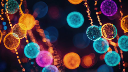 Colorful christmas lights with bokeh effect on black backgroundの素材