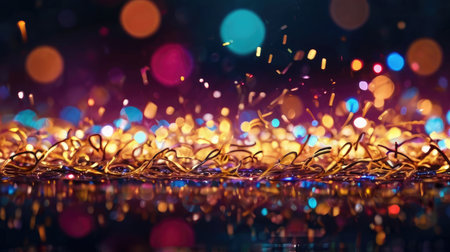 golden christmas garland on bokeh background - close upの素材