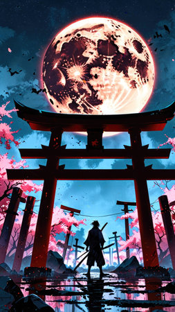 Illustration of a japanese shrine with full moon at nightの素材
