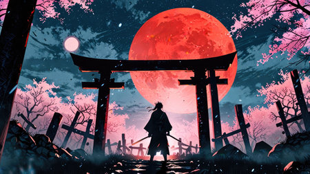 Hokkaido japanese landscape with full moon and full moonの素材