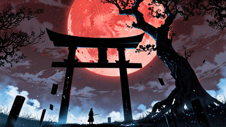 Halloween background with full moon and silhouette of witch in the cemeteryの素材