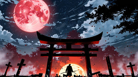 Halloween background with full moon and silhouette of japanese people.の素材