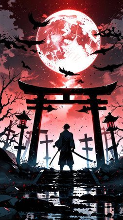 Halloween background with man with broom in front of red full moonの素材