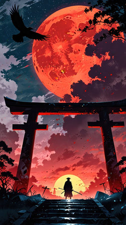 Mysterious halloween background with japanese gate.の素材