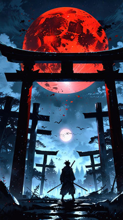 Halloween scene with japanese traditional gate and full moon.の素材