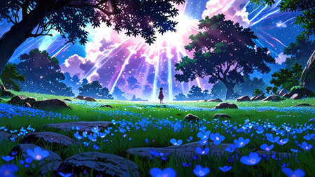 Beautiful fantasy landscape with a girl standing in the middle of the grassの素材
