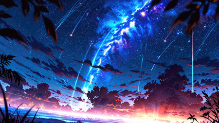 Fantasy landscape with stars and planet in the sky. 3D renderingの素材