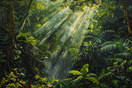 Sunlight shining through the thick foliage of a dense jungleの素材