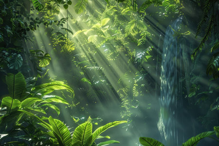 A verdant jungle scene with a waterfall featuring an abundance of lush green plants and foliageの素材