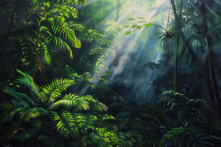 A dense and overgrown jungle with green foliage and sunlight filtering through the leavesの素材