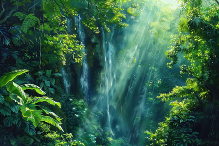 Lush green vegetation and a waterfall in a dense forest with sunlight rays breaking through the treesの素材