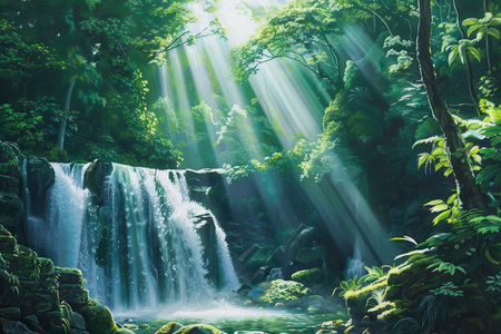 A beautiful waterfall in a lush green forest with sunlight shining through the treesの素材
