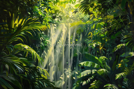 A verdant jungle clearing with a waterfall and sunlight filtering through the lush foliageの素材