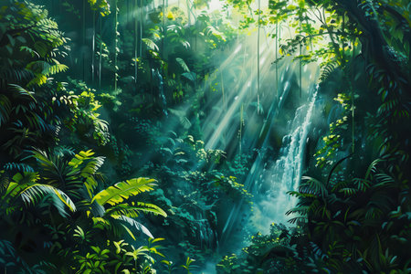 A digital painting of a lush green rainforest with a waterfall and sun rays shining through the dense foliageの素材