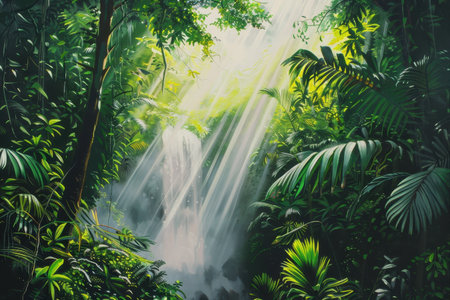 A digital painting of a lush green jungle with a waterfall in the backgroundの素材