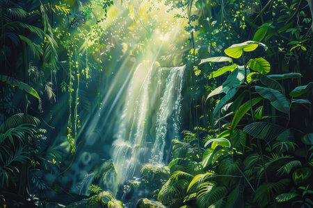 A beautiful painting of a lush tropical rainforest waterfall in the morning sunの素材