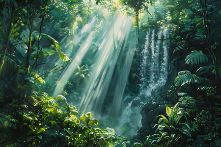 A digital painting of a lush green jungle with a waterfall and bright sunlight rays shining through the treesの素材