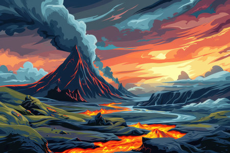 Molten lava flowing through a rocky volcanic landscape at sunsetの素材