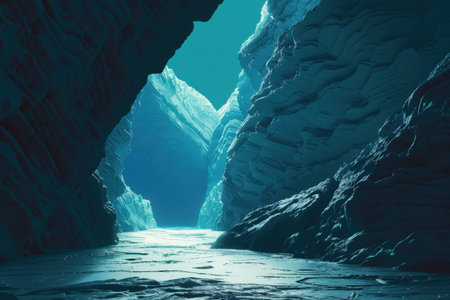 A glowing blue cavern with icy walls and a river flowing through itの素材
